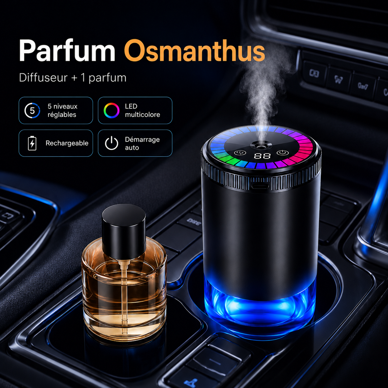 Diffuseur de Parfum Intelligent pour Voiture – LED & Parfum au Choix