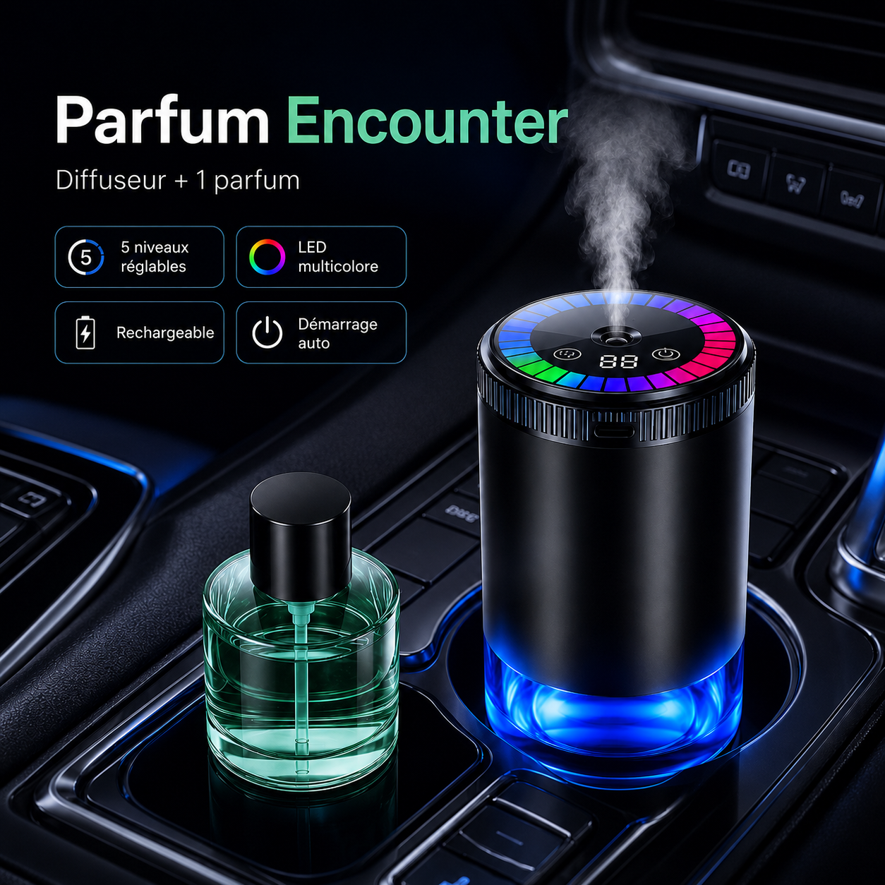 Diffuseur de Parfum Intelligent pour Voiture – LED & Parfum au Choix