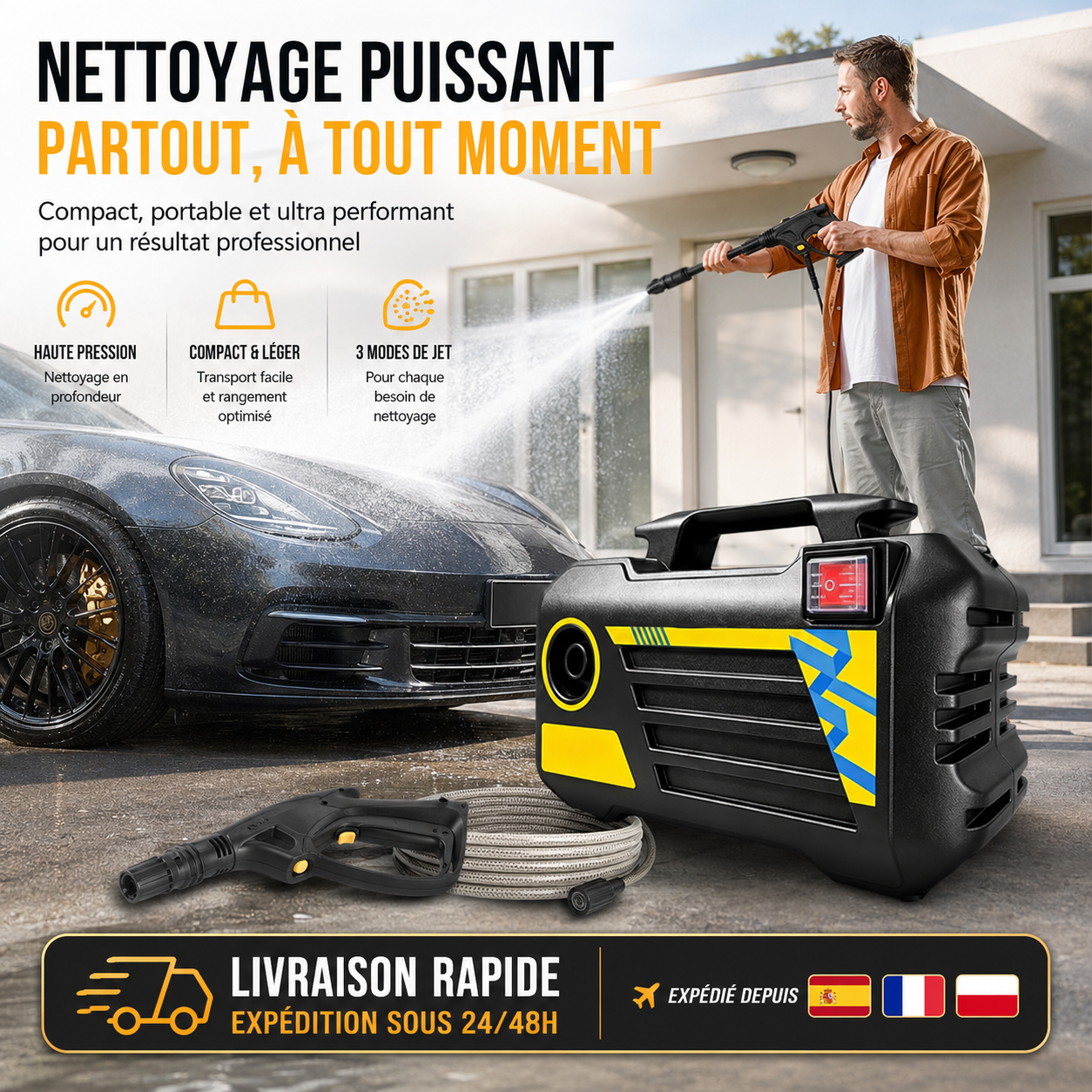 Nettoyeur Haute Pression Compact pour Voiture – Tuyau & Accessoires Inclus